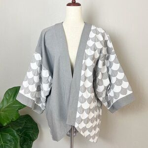 Gray/ White Geo Print Colorblock Oversized Lagenlook Open Kimono Jacket‎ M/L
